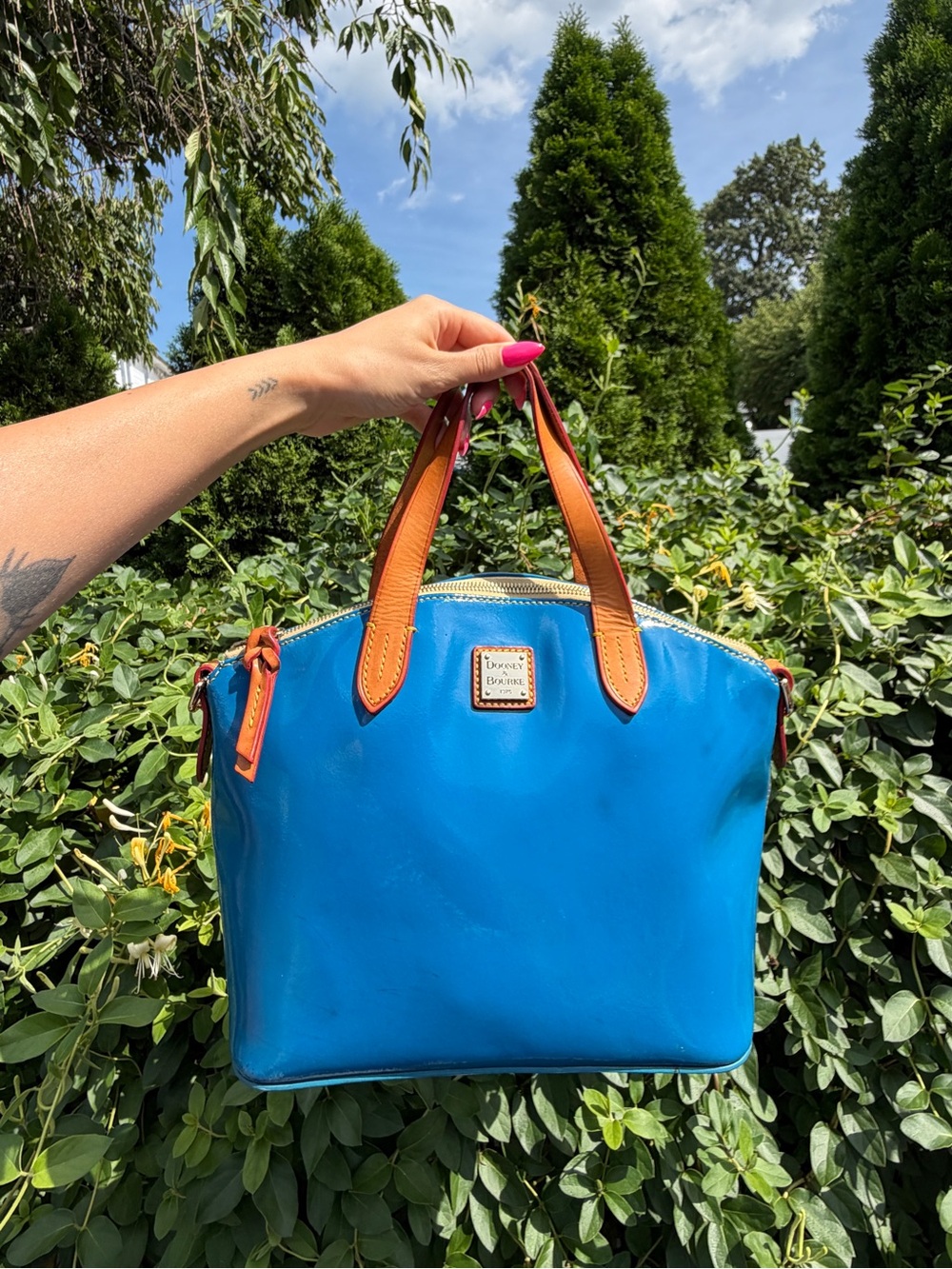 Vintage Y2K Dooney & Bourke Blue Patent Leather Satchel Handbag Purse